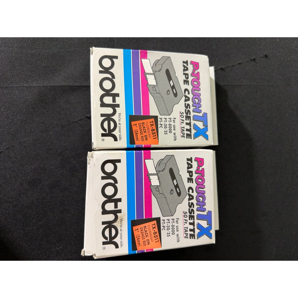 Brother P-Touch TX Tape 1in‎ Black on Fluorescent Orange Red New TX-B511 2pk